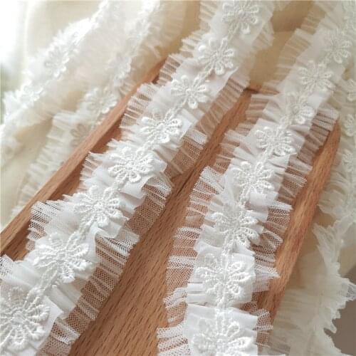 1M White Flower Pleated Mesh Lace Ribbon Trims Gauze Creased DIY Doll Clothes Skirt Neck Cuffs Headband Accessories Decoration