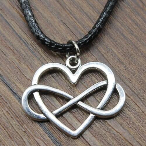 2020 New Vintage 27x22mm Antique Silver Color Infinity Love Heart Pendant Necklace Leather Chain For Women