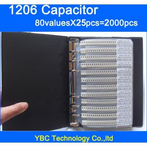 Free Shipping 1206 SMD Capacitor Sample Book 80valuesX25pcs=2000pcs 0.5PF~1UF Capacitor Assortment Kit Pack