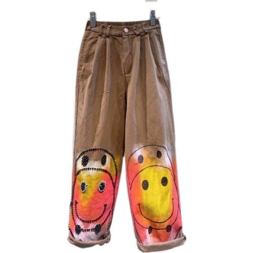 New Spring Summer Womens Loose straight pants khaki Shiny rhinestone design Streetwear Smiley Print ladies pants trousers