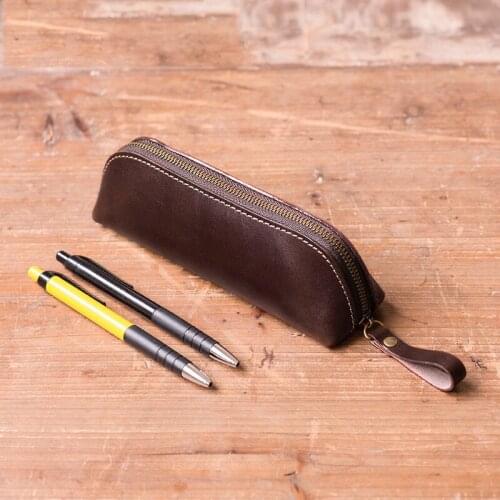 Genuine Leather Simple Style Pen Pencil Case Holder Box Bag Storage Container for writing tools +1 pcs Cable Winder Free
