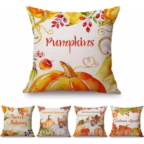 Floral Leaves Pumpkin Watercolor Fall Autumn Cotton Linen Decorative Pillow Case Cotton Linen Thanksgiving Harvest Cushion Cover