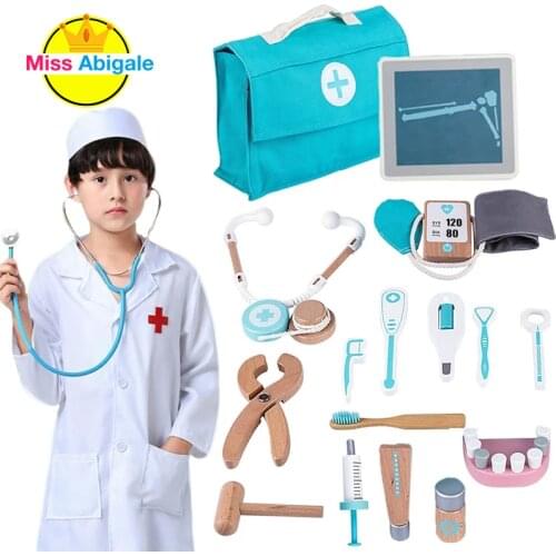 Kids Wooden Doctor Toy Set Simulation Family Doctor Nurse Medical Kit Toy Pretend Play Hospital Medicine Accessorie Children Toy
