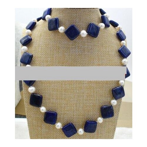Long 14x14mm Blue Lapis lazuli 7-8mm White freshwater Pearl Necklace bracelet Set