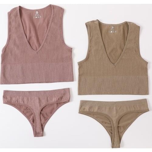 Deep V Neck Women Bra Set Fitness Brassiere Crop Top Underwear Low Waist Thong Sexy Lingerie Seamless Panties Wireless Sport Bra