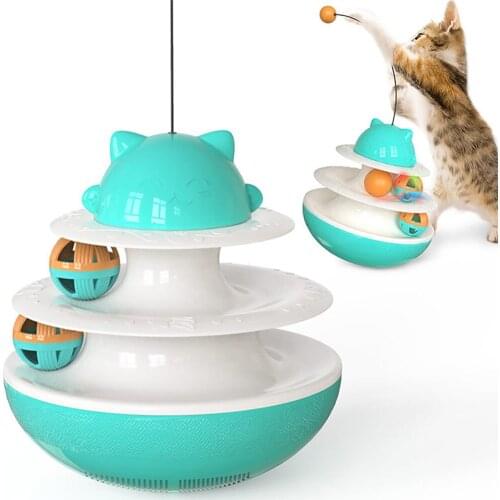 Cat Toys Interactive Cat Tumbler Ball Pet Treat Leaking Toy with Dual Rolling Balls & Teasing Wand for Cats Kitten Puppy
