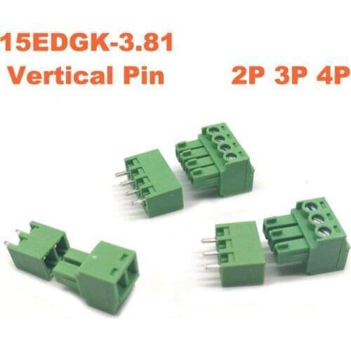 100pcs Pitch 3.81mm Screw Plug-in PCB Terminal Block 15EDGK VC 2/3/4P Wire Connectors Vertical Pin Male/Female Cable Morsettiera