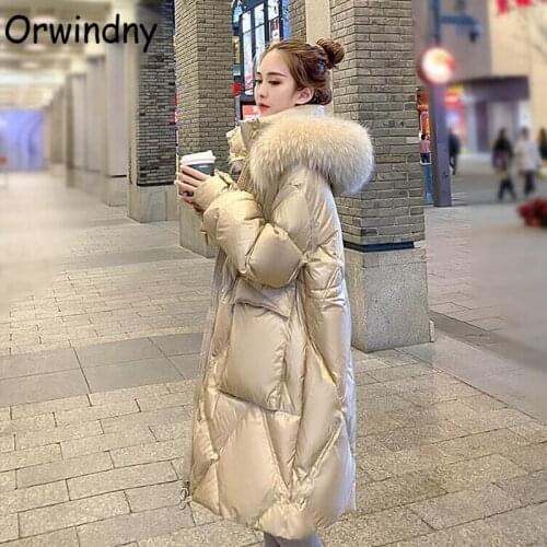 Orwindny Fashion Long Parkas Snow Wear Drawstring Slim Fashion Windproof Jackets Women Large Fur Collar Hooded Warm Coats Female