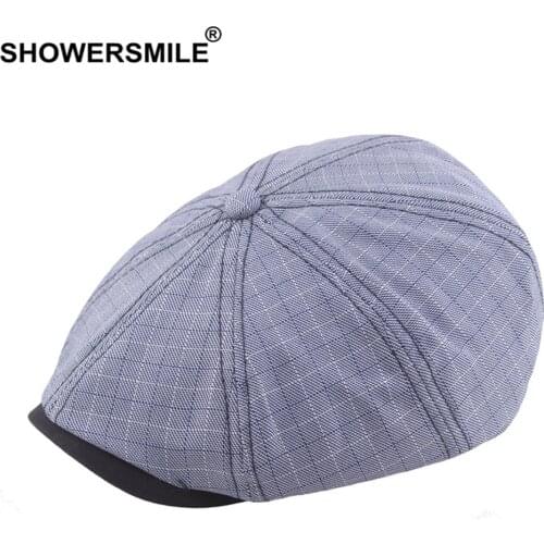 SHOWERSMILE Spring Summer Newsboy Cap Men Plaid Flat Cap Casual Cotton Eight Piece Cap Patchwork Brand Ivy Mens Beret