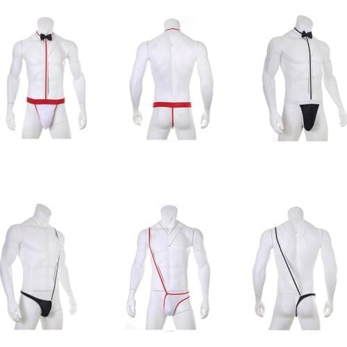 Male Sexy Underwear Mankini Thong Waiter Costume Lingerie String Homme Mens Sexy Bodysuit Bow Tie Performance Clothes 2 Colors