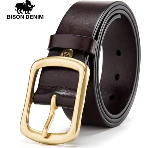 BISON DENIM Men belt High Quality Cow Genuine First Layer Cowskin Luxury Strap Male Belts New Fashion Copper Pin Buckle N71426