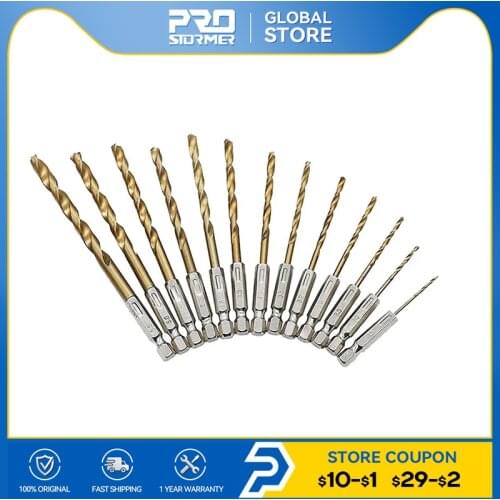 PROSTORMER 1/4" HSS Twist Drill Bit for Metal Titanium Coated Twist Drill Set with Hex Shank Power Tools Drill Accessories 13PC