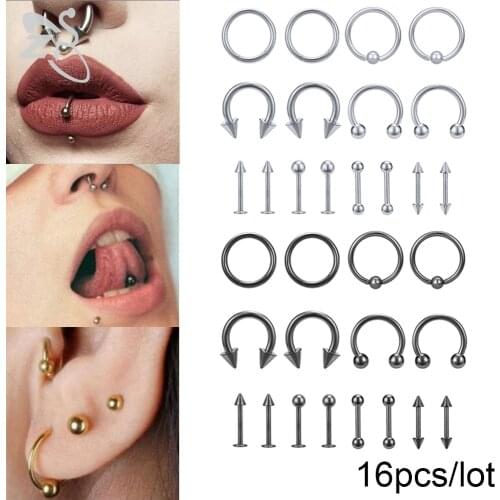 ZS 16pcs/lot 316L Stainless Steel Nose Ring Set 5 Colors Lip Labret Tongue Piercings Lot 16g Eyebrow Ear Helix Piercing Jewelry