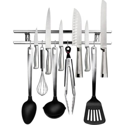 Wall Mounted Double Bar Magnetic Knife Holder Shelf with Hook Kitchen Organizer Accessory Home Utensil Tool Hanging Storage Rack