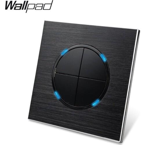 Wallpad Satin Black Aluminum 4 Gang 2 Way Click Push Button Wall Light Switch Metal Panel Blue LED Indicator