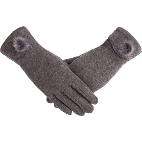 New Female Autumn Winter Non-Inverted Velvet Cashmere Full Finger Warm Lace Hairball Gloves Women Cotton Touch Screen Gloves G82