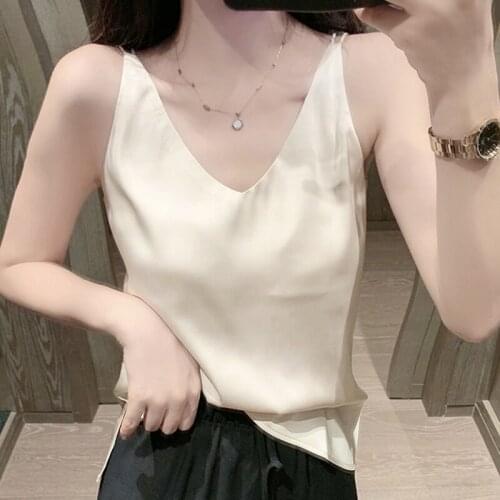 Sexy V-Neck Silk Backless Camis Women Tops 2020 Summer White Tank Top Ladies Clothes Black Cami Woman Debardeur Camis Haut Femme