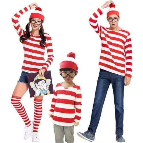 Parenting Wally Costume Man Women Child Red White Stripe Wally Outfit Family Party Game Cosplay Uniform