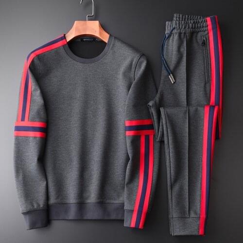 Sweatshirt Luxury Side Ribbon Design Double Deck O-neck Men Sweatshirts Fashion 2pcs (sweatshirt+pants) Sport Set 4XL