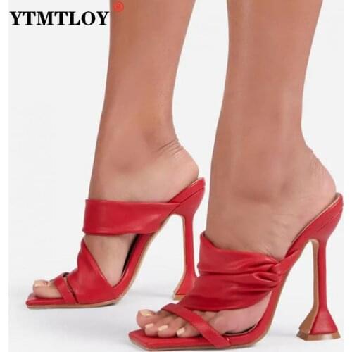 Womens Shoes 2021 NEW Summer Fashion Pleated Sweet Narrow Band PU Solid Stiletto Heels Slippers Retro Zapatos De Mujer
