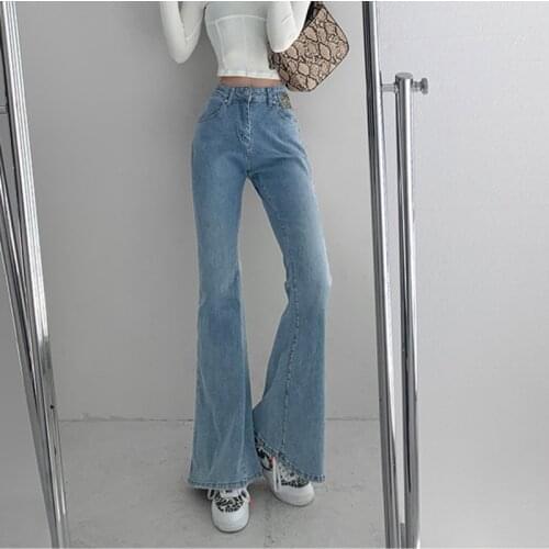 WOMENGAGA Fashion Splicing Snake Pattern Leather Washed Jeans Women Autumn High Waist Casual Denim Flare Pants UJEC