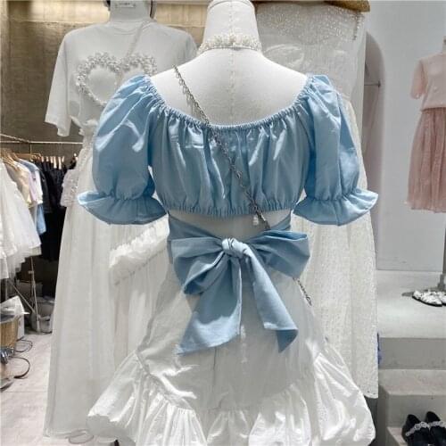 Sweet Style Bow Women Solid T-Shirts Summer New 2021 O-Neck Short-Sleeved Slim Short Empired Female Pulls Tops