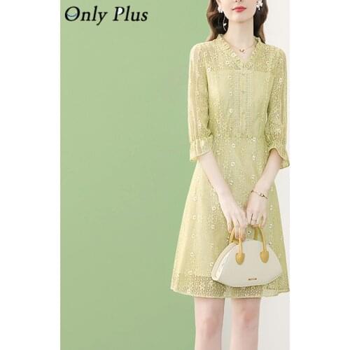 Only Plus Cyan Lace Party Dresses Women Spring Autumn Ruffle Sleeve Hollow Out Floral Dress Embroidery Daisy A-Line Dress