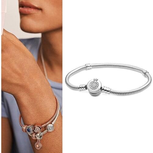 100% 925pan Sterling Silver New Shining Crown Round Lock Clasp Bracelet Suitable For Womens Wedding Fashion Jewelry