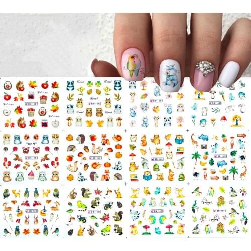12 design Cute Animal Water Nail Stickers Fall Leaf Hippo Elephant Rabbit Bird Pattern Nail Tattos Slider Manicure Decoration