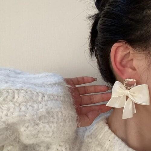 2021 New Trendy Graceful Lace Bowknot Transparent Geometric Glass Drop Earrings for Women Exquisite Gold Plated Korean Fashion