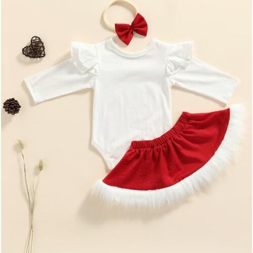 3Pcs Cute Baby Christmas Party Outfits Costumes Solid Color Ruffle Long-Sleeve Romper+Fluffy Skirt+Headband for Toddler Girls