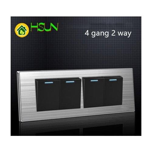 4 Gang 2 Way Luxury Light Switch On / Off Wall Interruptor With Led Indicator Stainless Steel Panel 197* 72mm