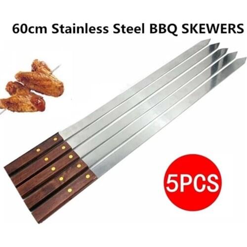 5Pcs Stainless Steel Grilling BBQ Skewers Reusable Wooden Handle BBQ Fork Long Flat Meat Skewers Sticks for Brazilian Kebab Tool