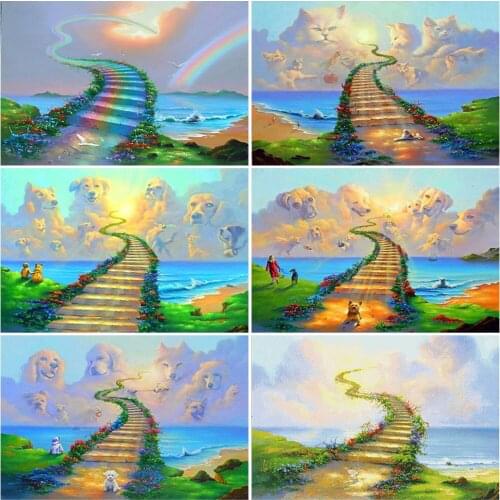 5D Diamond Painting Full Drill Round Cartoon Dog Diamond Embroidery Day Road Cross Stitch DIY Wall Art Home Decor Gift