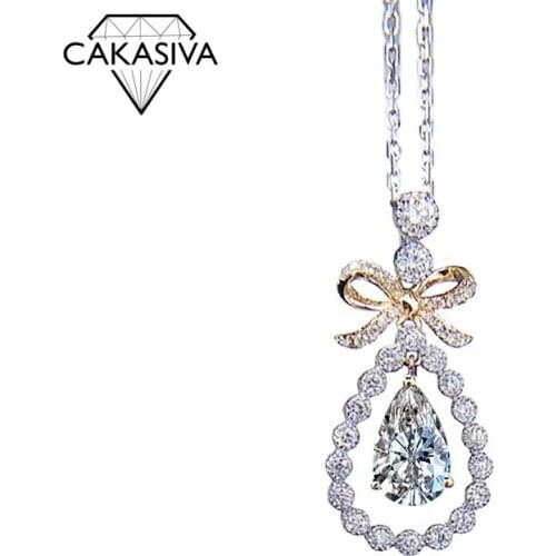 925 Silver Plated 18K Gold Bowknot Clavicle Chain Sea Blue Zircon Pendant 45cm Water Drop Necklace for Women