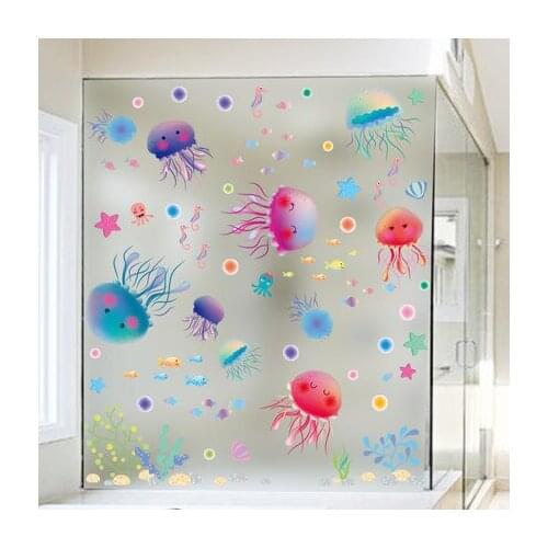 Cartoon Kids Bathroom Wall Stickers Seabed World Cute Marine Jellyfish Seaweed Wall Pictures Tile Glass Posters Baby Room Wall Decoration