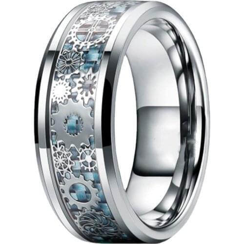 Fashion Punk Silver Color Gear Stainless Steel Rings for Men Jewelry Accessories Classical Blue Carbon Fiber Men Wedding Band