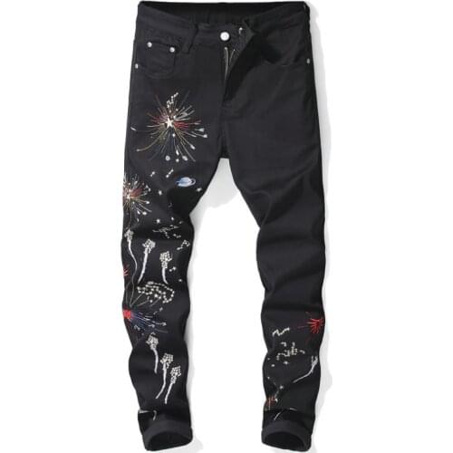 Fashion Mens New Slim Straight Casual Jeans Digital Printing Flowers Star Black Stretch Stage Style Nightclub Skinny Denim Pants