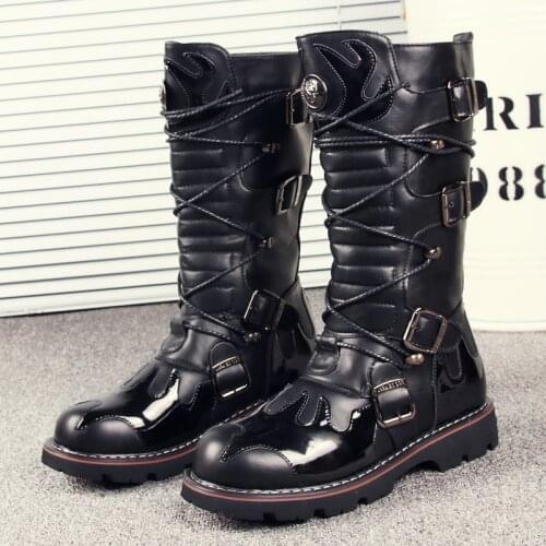 High Quality Genuine Leather Men high Punk Boots Black Military Tactical Boots Army Boot Men botas Leather Shoes Motorcycle boot