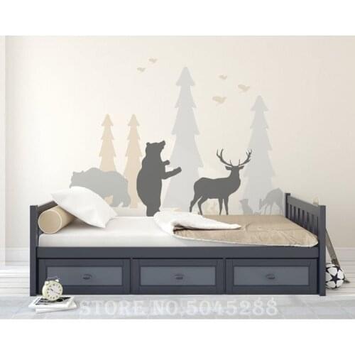Woodland Wall Decal Birch Tree Nursery Decor Fir Tree Self Adhesive Pine Trees Deer Forest Animals Custom Sticker Mural Z340