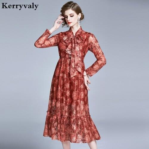 Autumn Bow Lace Midi Women Dress Moda Mujer 2021 Vestido Elegante Ladies Dress Sukienka Jesien Vetement Femme K8756