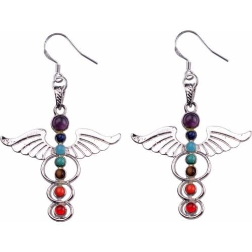 Silver Plated Angel Wing with Many Colors Small Stone Beads Dangle Earrings for Women Healing Chakra Jewelry