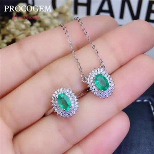 PROCOGEM 5A Natural Emerald jewelry sets for Women Lovely Fine Jewelry set Genuine Green Gemstones 925 Sterling silver #746