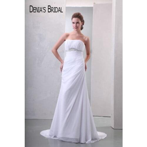 Elegant Strapless Wedding Dresses Real Image Beaded Ruched Court Train Chiffon Bridal Gowns