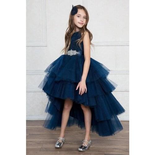 Navy Blue High Low Girls Birthday Party Dresses Celebrity Dresses Girls Prom Dress With Luxury Crystal Waistband Custom
