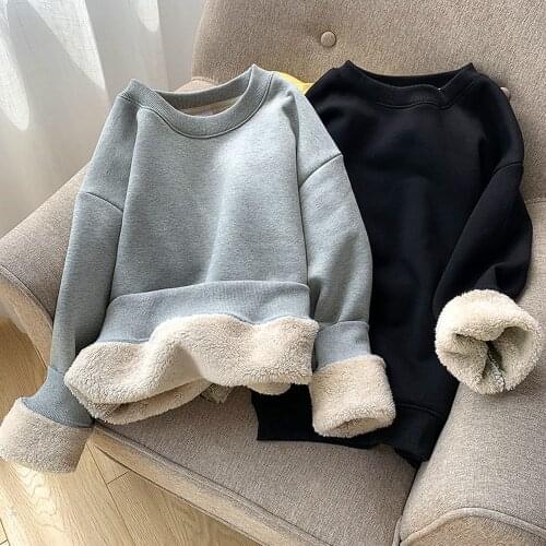Keep warm in winter New Woman Pullover Plus Velvet Loose Solid High Quality Lamb Wool Coat O-neck Gray Female Sweatshirt