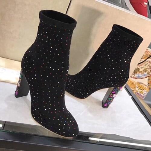 Luxury Designers Runway Party Dress Shoes Crystal Square Heel Stretch Boots Botas Mujer Stylish Black Pink Ankle Boots For Women