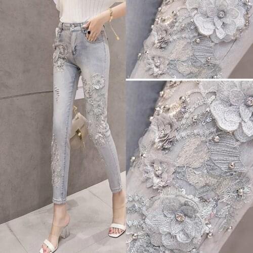 Spring Summer Woman High Waisted Ripped Hole Embroidery Flower Rhinestone Skinny Denim Trousers , Womens Pencil Jeans Pants