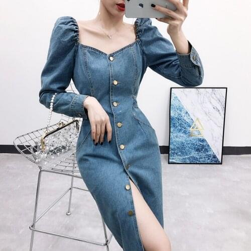 Spring autumn fashion Split denim dress package hip puff sleeve single-breasted women slim v-neck jeans dress
