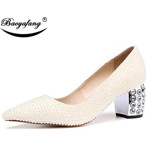 BaoYaFang Ivory Pearl Crystal Heel Pointed Toe Womens Fashion Shoes Shallow Wedding shoes Bride Dress Pumps Thick Heels shoe